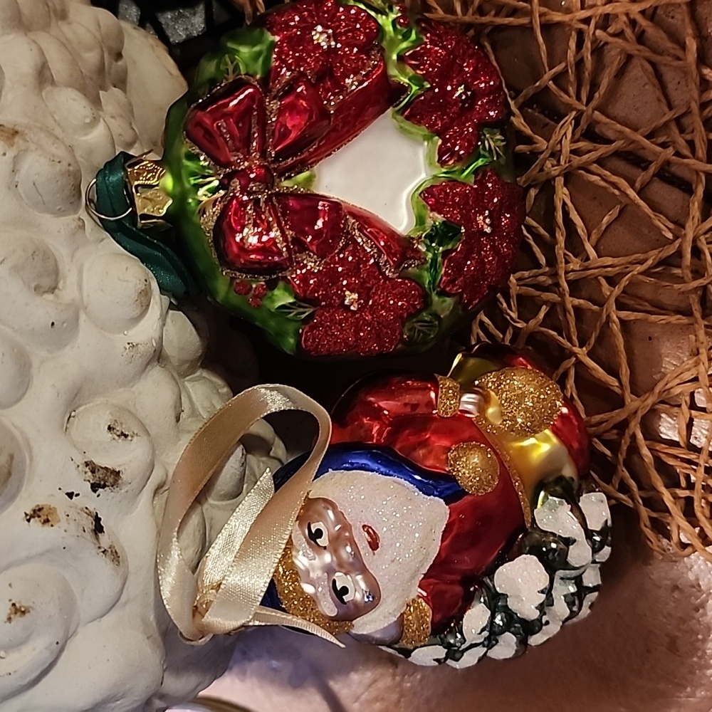 2 vintage shiny and sparkly ornaments from Germany.  Wreath and santa.